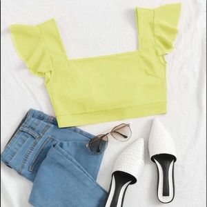 Square Neck Ruffle Trim Knot Back Crop Top